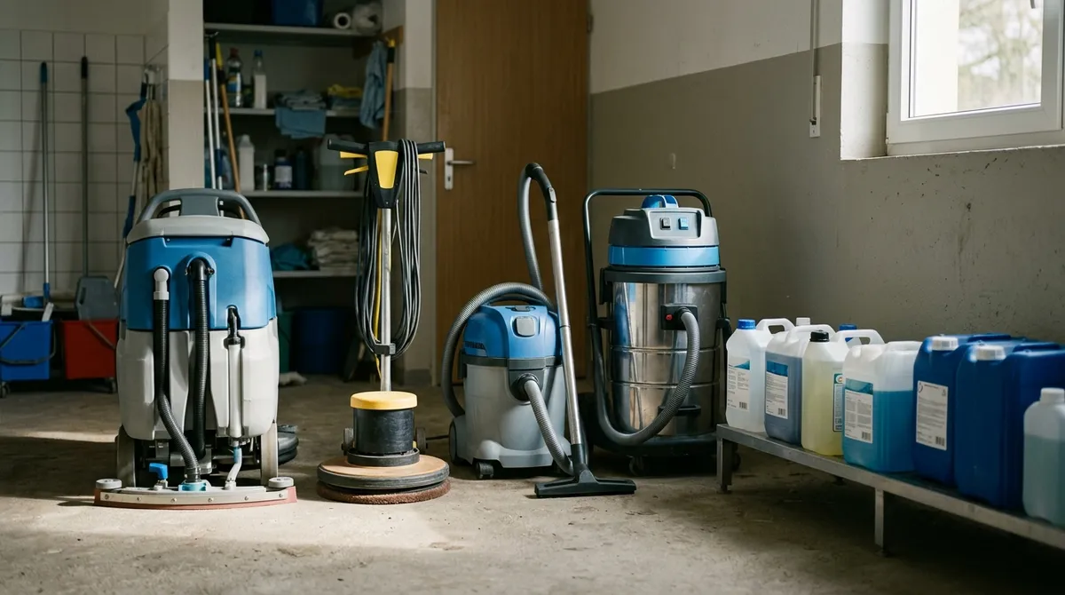 Matériel de nettoyage professionnel dans un local